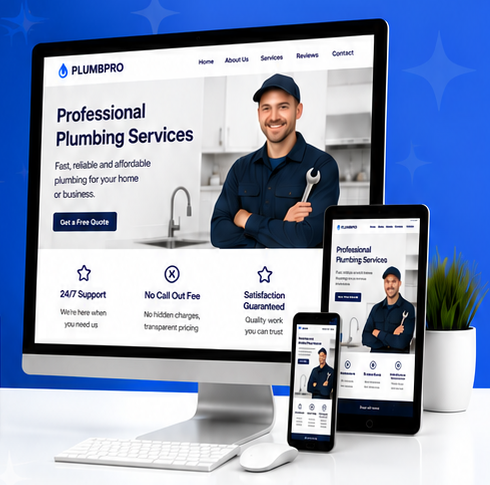 Example plumbing business website displayed on desktop, tablet and mobile devices